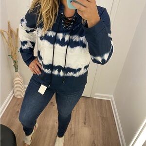 NWT navy white tie dye lace up long sleeve size small